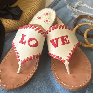💗 Jack Rogers LOVE Leather Sandals Pink White Thong Flip Flops Size 7 EUC
